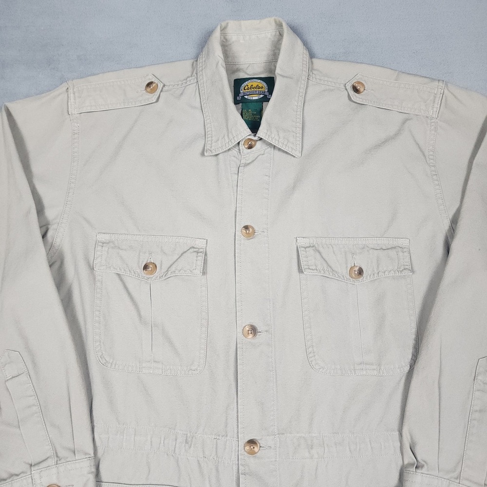 Vintage Cabelas Safari Field Jacket Mens XL Beige Cotton Utility Hunting Coat - Picture 2 of 9
